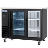 A black Empura Refrigeration back bar cooler with sliding glass doors, adjustable wire shelves, digital control panel, ventilation grates, wheels for mobility, illuminated interior, and a stainless steel top—perfect for any commercial setting.