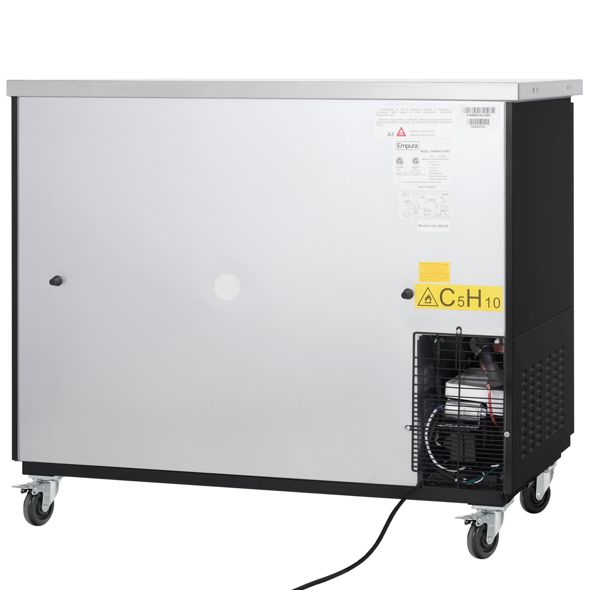 A large industrial refrigerator or freezer on wheels with a metallic front panel, a warning label displaying C5H10, sliding glass doors, a visible compressor unit at the bottom right, and a power cord extending from the lower section.