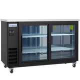 A black back bar cooler with two sliding glass doors, metal shelving inside, and a digital temperature display. It has wheels for mobility, a stainless steel top, and is labeled “Empura” on the left side. The interior shelves are empty.
