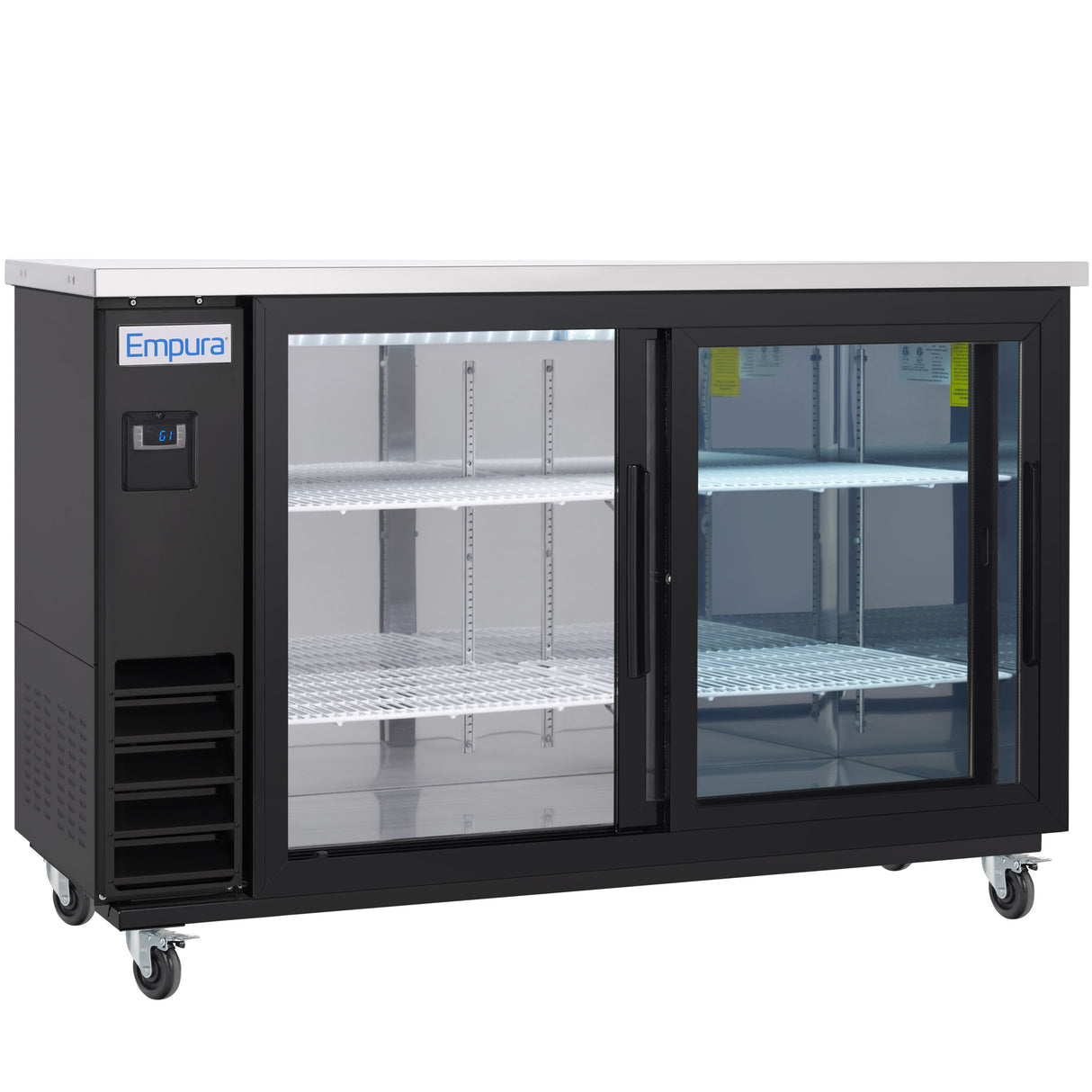 A commercial black Empura back bar cooler with two sliding glass doors, white wire shelves, a digital display on the left, and caster wheels on each corner. The unit is empty and features a stainless steel top plus interior lighting for optimal commercial refrigeration.