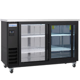 A commercial black Empura back bar cooler with two sliding glass doors, white wire shelves, a digital display on the left, and caster wheels on each corner. The unit is empty and features a stainless steel top plus interior lighting for optimal commercial refrigeration.