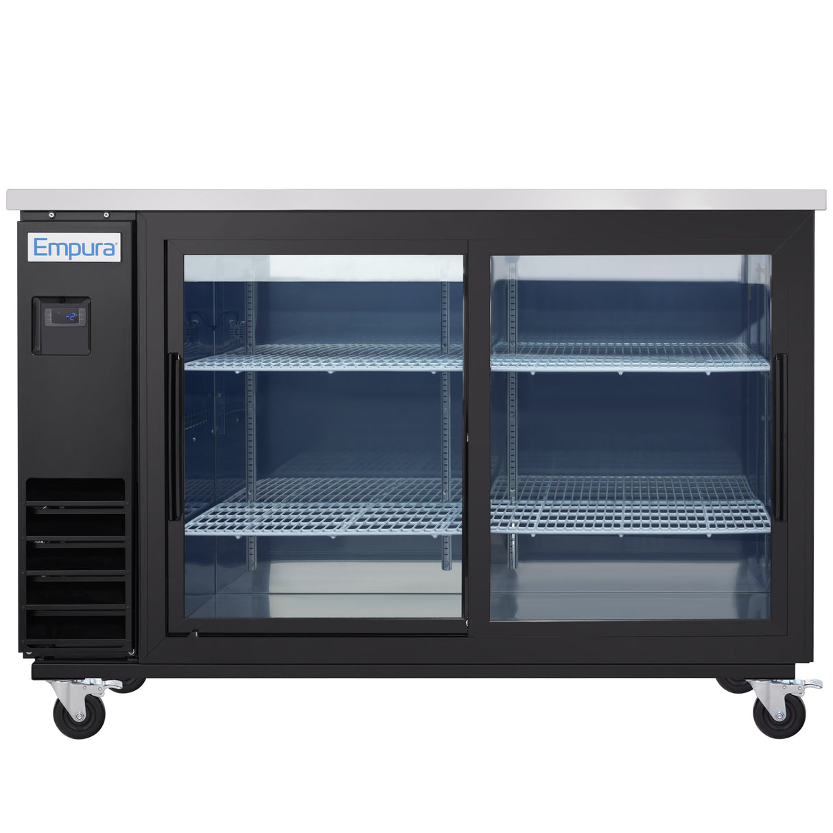 A commercial Empura back bar cooler with a black exterior features sliding glass doors, wire shelves, caster wheels, a digital control panel, and ventilation vents on the left. Its empty shelves and stainless steel top highlight its commercial refrigeration design.