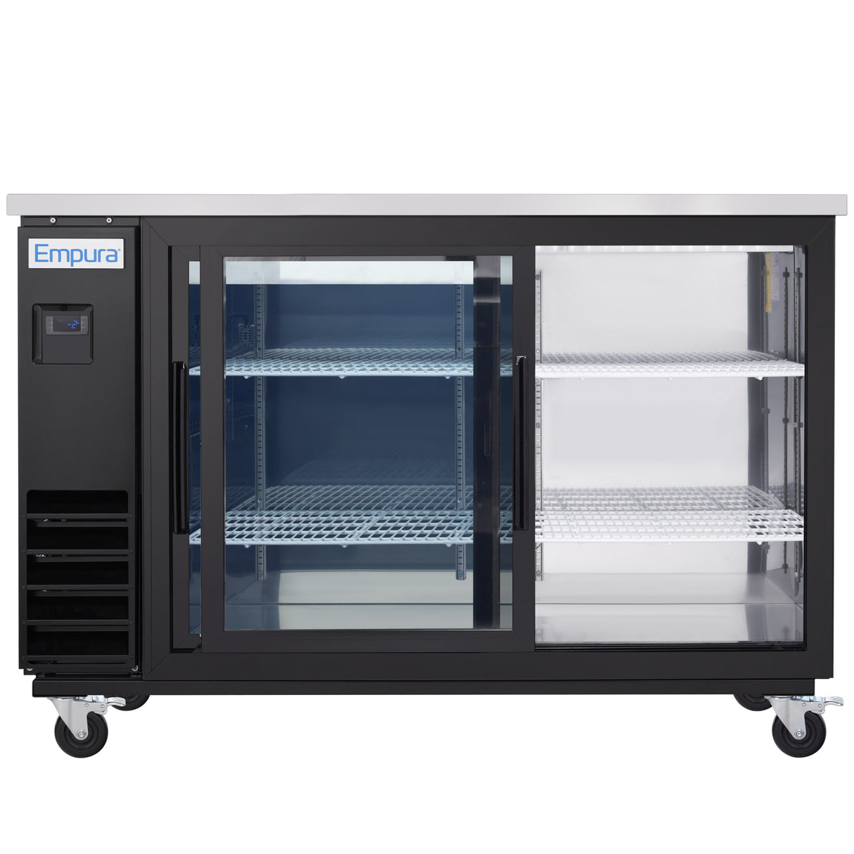 A commercial refrigeration unit, this Empura back bar cooler features a stainless steel top, black body, sliding glass doors, interior shelves, and a digital control panel on the left. The fridge is empty and ready for use.
