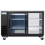 A commercial refrigeration unit, this Empura back bar cooler features a stainless steel top, black body, sliding glass doors, interior shelves, and a digital control panel on the left. The fridge is empty and ready for use.
