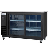A black Back bar cooler on wheels with commercial refrigeration features, including two sliding glass doors, three metal shelves, and a stainless steel top. The Empura brand is visible, and the empty interior is illuminated with blue light.