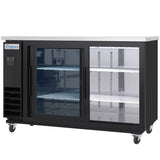 A commercial refrigeration unit, this black metal Back bar cooler features two sliding glass doors, interior shelves, a stainless steel top, and caster wheels for mobility. The “Empura” brand is displayed on the brightly lit, empty interior.