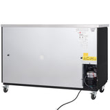 A large, rectangular back bar cooler with a silver front panel, black sides, and visible commercial refrigeration components. The lower right shows a power cord and yellow C5H10 caution label. The top is flat and metallic for convenient storage.