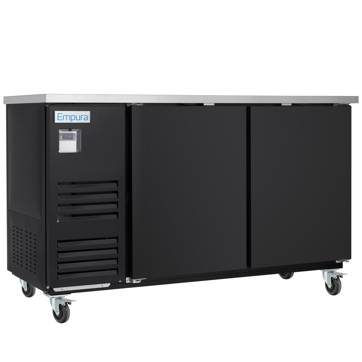 A commercial black refrigerated worktop by Empura Refrigeration with two sliding doors, a stainless steel top, a left-side control panel, vent slits, and four caster wheels for mobility. Ideal as a Back Bar Cooler. Brand label Empura above the control panel.