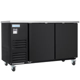 A commercial black refrigerated worktop by Empura Refrigeration with two sliding doors, a stainless steel top, a left-side control panel, vent slits, and four caster wheels for mobility. Ideal as a Back Bar Cooler. Brand label Empura above the control panel.