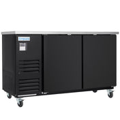A commercial black refrigerated worktop by Empura Refrigeration with two sliding doors, a stainless steel top, a left-side control panel, vent slits, and four caster wheels for mobility. Ideal as a Back Bar Cooler. Brand label Empura above the control panel.