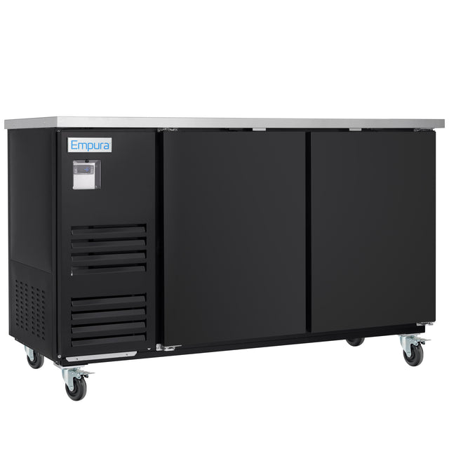 A commercial black refrigerated worktop by Empura Refrigeration with two sliding doors, a stainless steel top, a left-side control panel, vent slits, and four caster wheels for mobility. Ideal as a Back Bar Cooler. Brand label Empura above the control panel.
