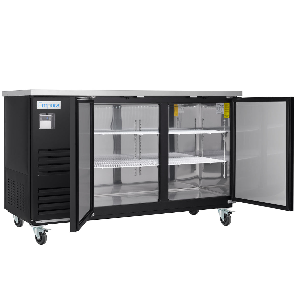 A commercial black Empura Refrigeration Back Bar Cooler with two glass doors, both open, reveals three wire shelves inside. The unit features a stainless steel top, four wheels for mobility, and a digital display panel on the upper left front.