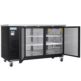 A commercial black Empura Refrigeration Back Bar Cooler with two glass doors, both open, reveals three wire shelves inside. The unit features a stainless steel top, four wheels for mobility, and a digital display panel on the upper left front.