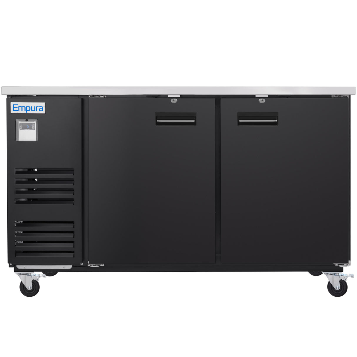 A black, stainless steel Empura Refrigeration back bar cooler with two doors and a flat top. It features ventilation grills, caster wheels, and horizontal handles on each door. The unit appears clean and modern.