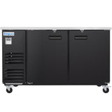 A black, stainless steel Empura Refrigeration back bar cooler with two doors and a flat top. It features ventilation grills, caster wheels, and horizontal handles on each door. The unit appears clean and modern.