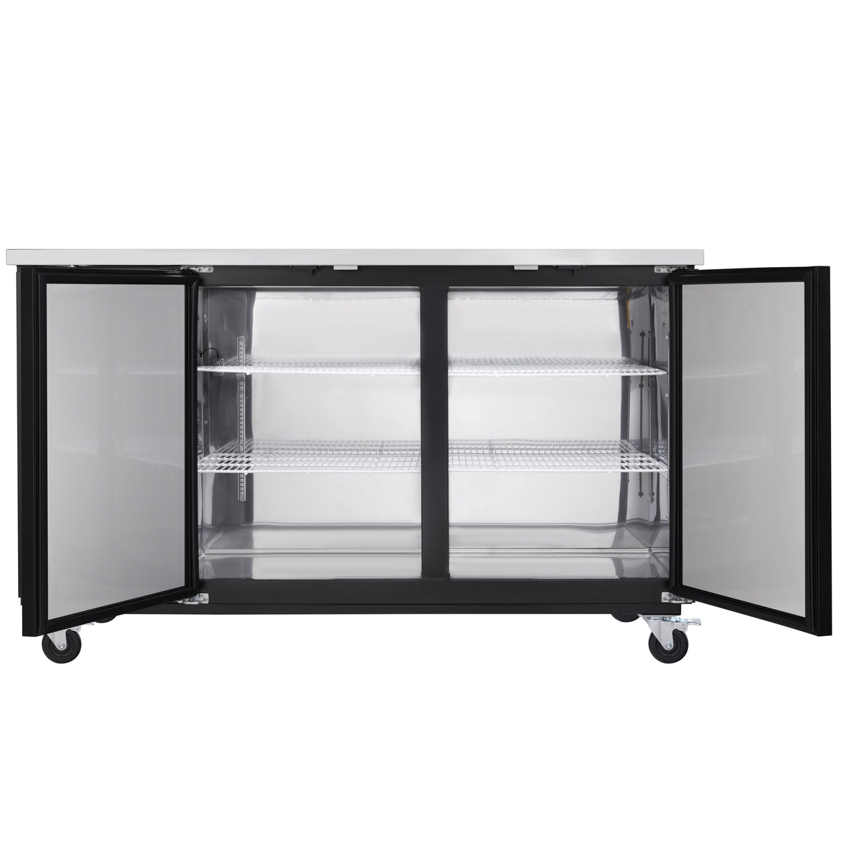 A stainless steel Empura Refrigeration commercial refrigerator with two open glass doors reveals two adjustable wire shelves. The spacious, empty interior and four caster wheels make this back bar cooler ideal for modern storage needs.