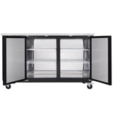 A stainless steel Empura Refrigeration commercial refrigerator with two open glass doors reveals two adjustable wire shelves. The spacious, empty interior and four caster wheels make this back bar cooler ideal for modern storage needs.