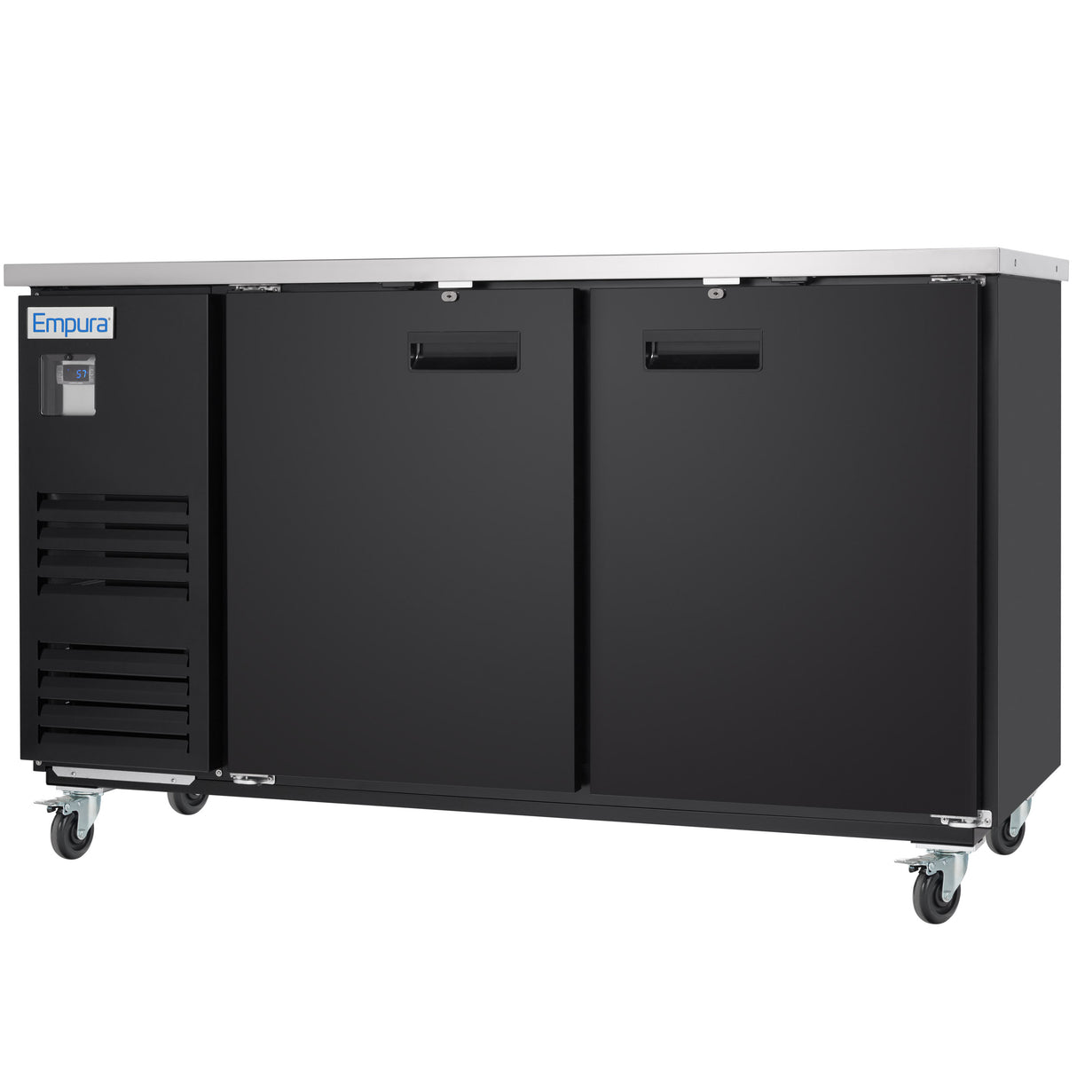 A black Empura Refrigeration back bar cooler on four wheels with two front doors, a stainless steel top surface, and a vented panel on the left. “Empura” is labeled on the top left corner above a small digital display.