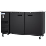 A black Empura Refrigeration back bar cooler on four wheels with two front doors, a stainless steel top surface, and a vented panel on the left. “Empura” is labeled on the top left corner above a small digital display.