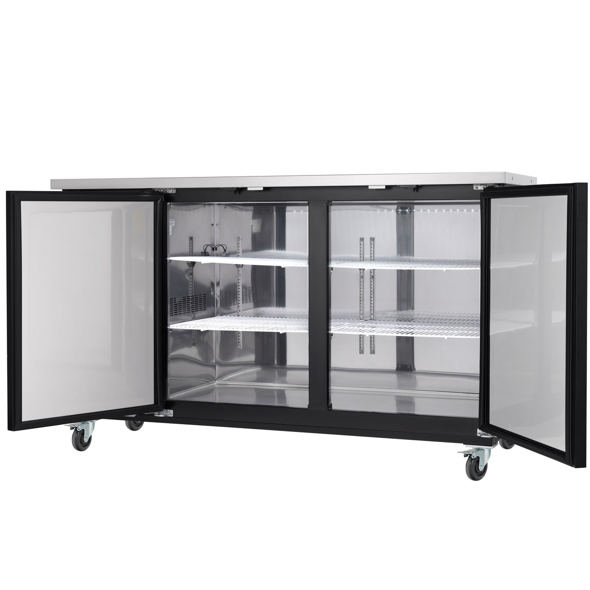 A stainless steel Empura Refrigeration back bar cooler with two open glass doors, revealing three interior wire shelves. Four caster wheels offer mobility, and the empty interior boasts a clean, reflective metallic finish.