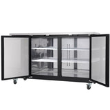 A stainless steel Empura Refrigeration back bar cooler with two open glass doors, revealing three interior wire shelves. Four caster wheels offer mobility, and the empty interior boasts a clean, reflective metallic finish.
