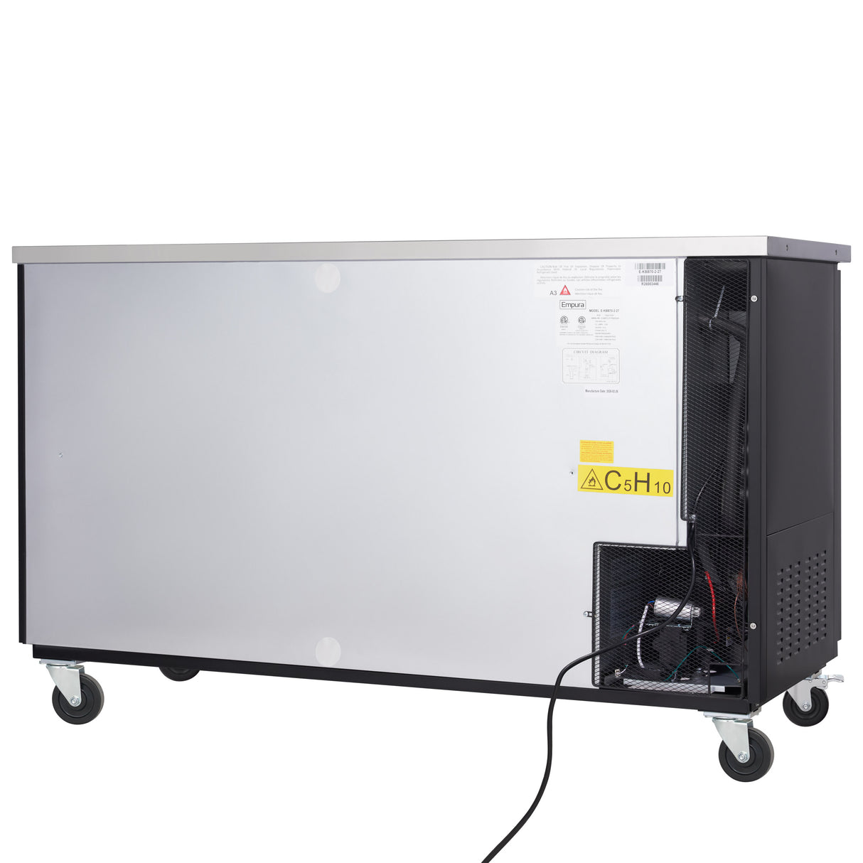 A large, rectangular stainless steel laboratory refrigerator on four wheels is shown. The back panel features a vented section exposing internal wiring and components. A yellow CsH10 caution label is present. This Empura Refrigeration unit includes a power cord in the lower right corner.
