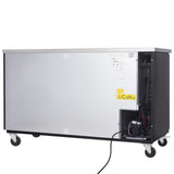 A large, rectangular stainless steel laboratory refrigerator on four wheels is shown. The back panel features a vented section exposing internal wiring and components. A yellow CsH10 caution label is present. This Empura Refrigeration unit includes a power cord in the lower right corner.