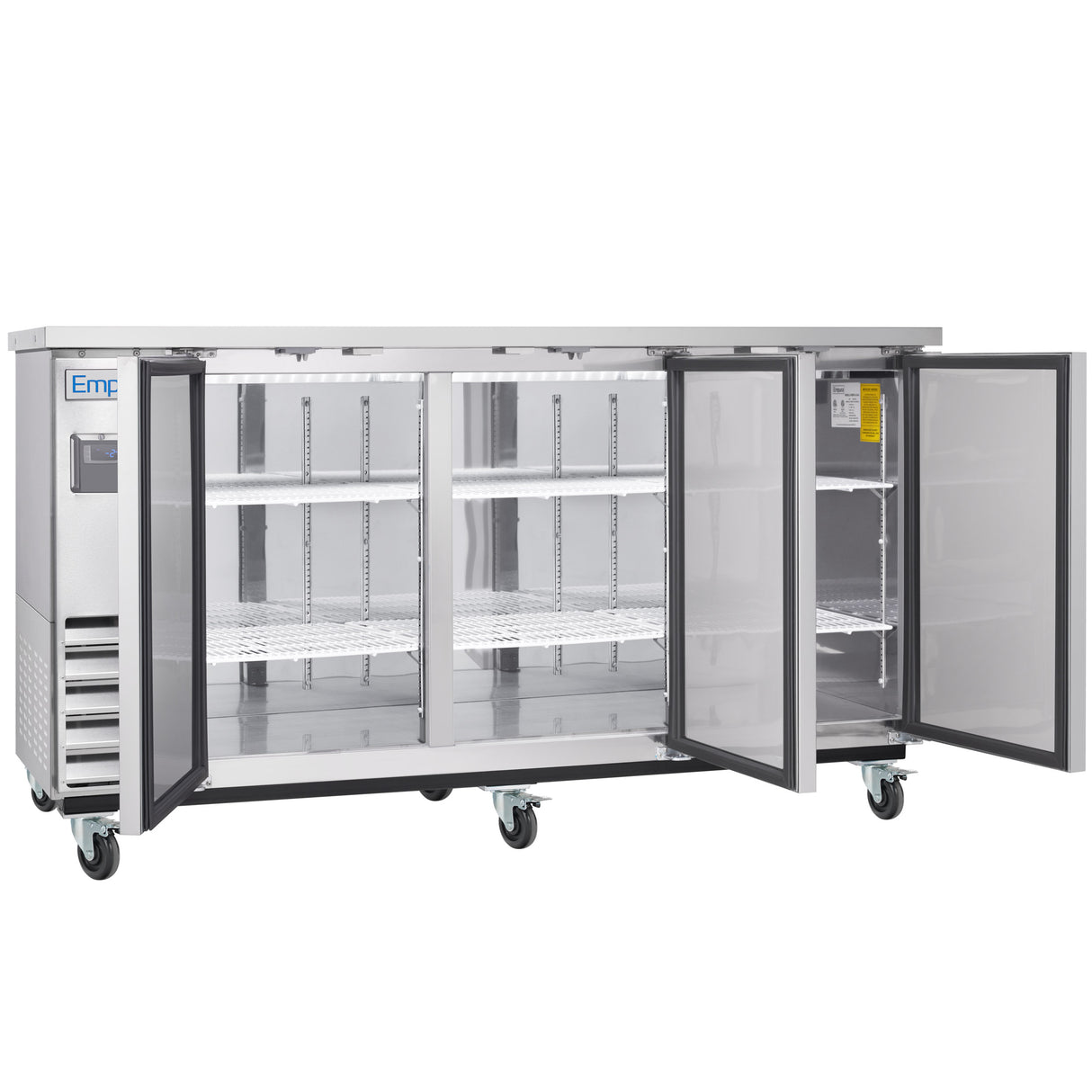 An Empura Refrigeration stainless steel commercial refrigerator with glass doors stands open, revealing multiple wire shelves. This spacious Back Bar Cooler features four caster wheels and a digital control panel on the left for easy operation.