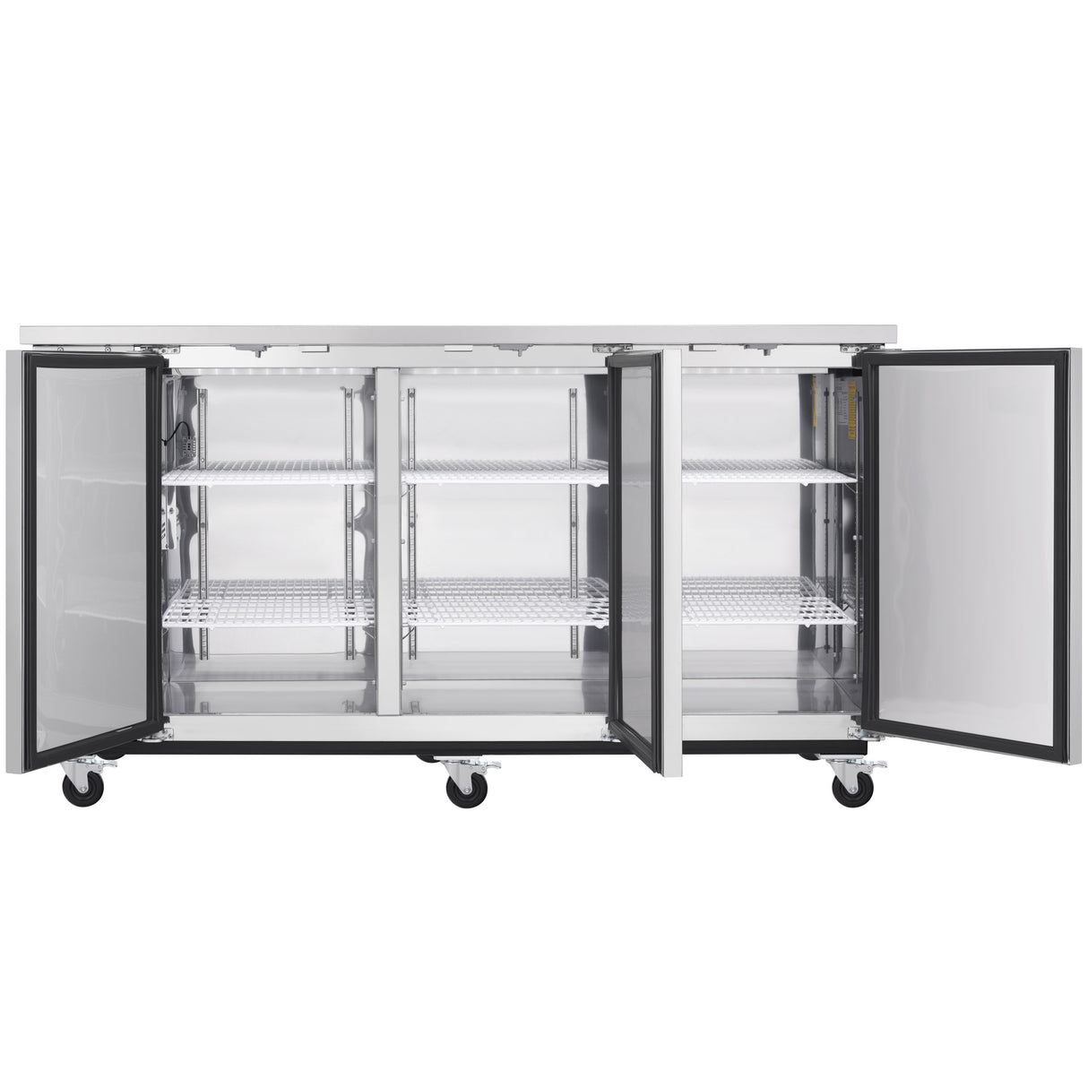 An Empura Refrigeration stainless steel commercial refrigerator with four swing doors open, revealing multiple adjustable wire shelves inside. The unit is on caster wheels for mobility and is ideal as a back bar cooler in any food service environment.