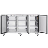 An Empura Refrigeration stainless steel commercial refrigerator with four swing doors open, revealing multiple adjustable wire shelves inside. The unit is on caster wheels for mobility and is ideal as a back bar cooler in any food service environment.
