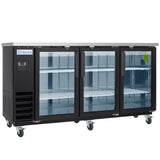 A commercial Empura Refrigeration back bar cooler with three glass doors, black exterior, metal top, and four shelves. The unit is on six wheels for mobility and features a digital control panel. The illuminated interior is empty and spacious.