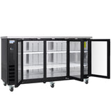 A commercial Empura Refrigeration black metal glass door cooler on wheels with three open doors, revealing white wire shelves inside. The Back Bar Cooler features a stainless steel top and visible cooling vents and controls on the left side.