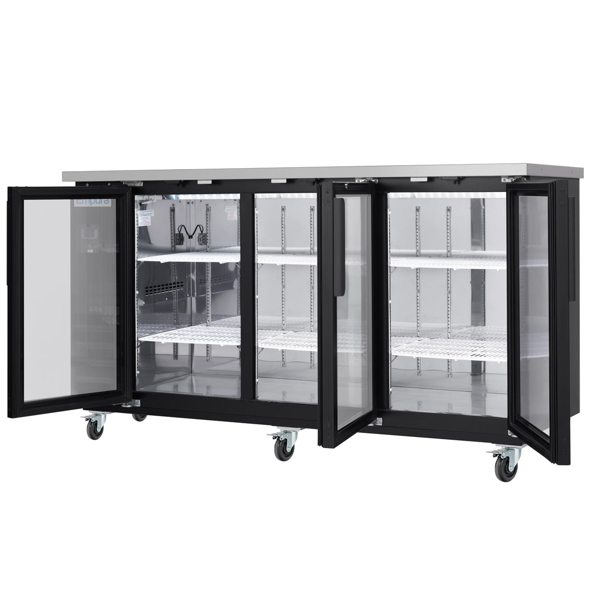 A large Empura Refrigeration glass door cooler on wheels with three open glass doors reveals empty white wire shelves. The black frame contrasts with the metallic top and shelving, set against a plain white background.