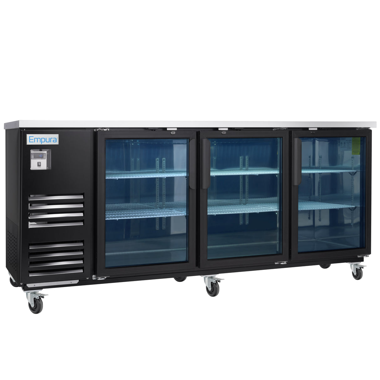 The Empura Refrigeration Back Bar Cooler features three glass doors revealing shelves inside. This glass door cooler is black with a stainless steel top, vented panels on the left, a control panel above, and four wheels for easy mobility.
