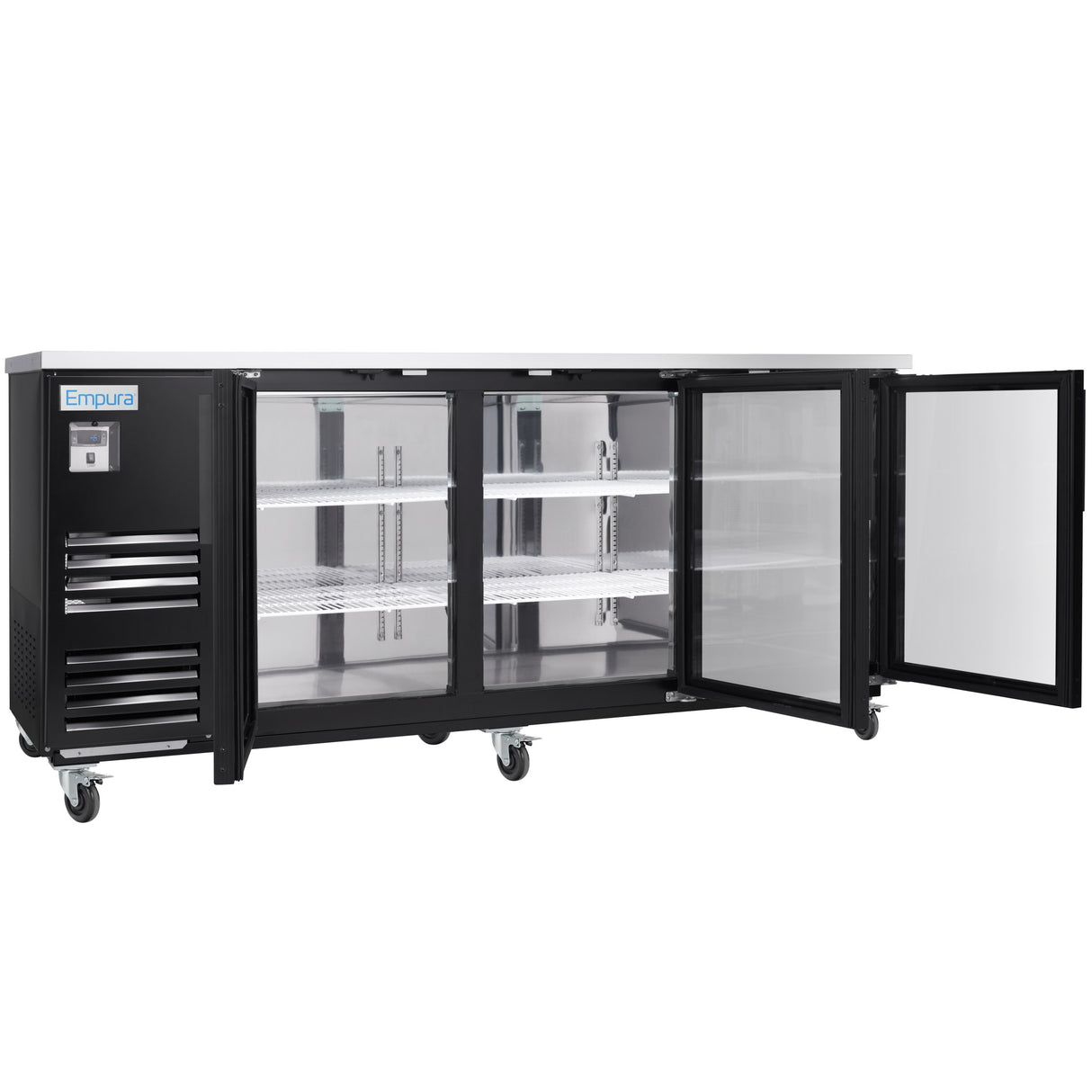 A large black Empura Refrigeration glass door cooler on wheels, with three open glass doors revealing wire shelves inside. The left side features a digital control panel labeled Empura and ventilation slats. The unit stands on metal casters for mobility.