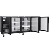 A large black Empura Refrigeration glass door cooler on wheels, with three open glass doors revealing wire shelves inside. The left side features a digital control panel labeled Empura and ventilation slats. The unit stands on metal casters for mobility.