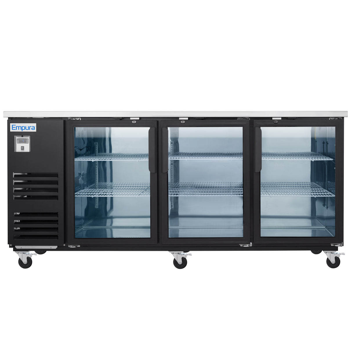 A commercial stainless steel glass door cooler with three clear doors, metal wire shelves, black exterior trim, and four caster wheels for mobility. The Empura Refrigeration label is visible on the upper left front panel.