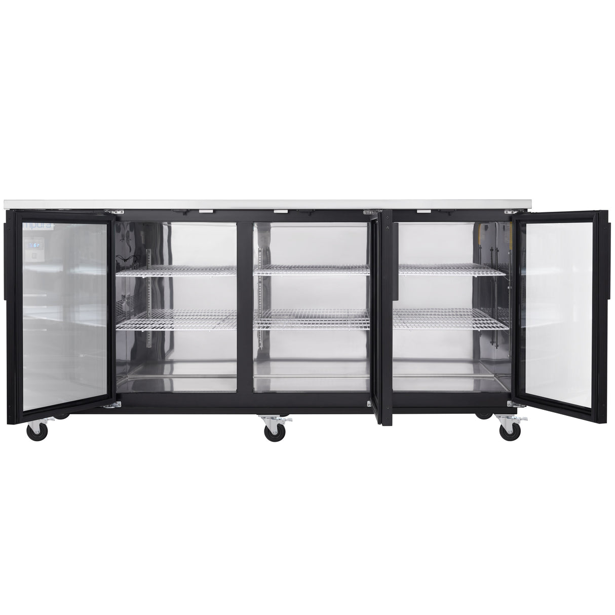 A sleek, modern Empura Refrigeration glass door cooler features three open doors revealing empty wire mesh shelves. Set on four black wheels for easy mobility, this commercial unit is perfect as a Back Bar Cooler in any professional setting.