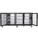 A sleek, modern Empura Refrigeration glass door cooler features three open doors revealing empty wire mesh shelves. Set on four black wheels for easy mobility, this commercial unit is perfect as a Back Bar Cooler in any professional setting.