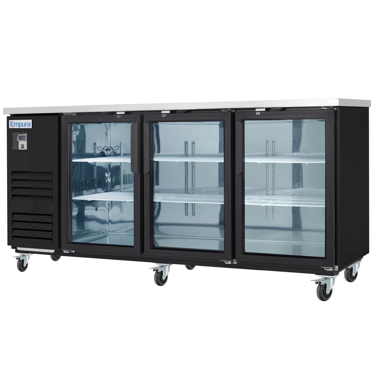 A large, black Empura Refrigeration undercounter Back Bar Cooler with three glass doors, adjustable wire shelves, and casters for mobility. The unit features a stainless steel top and a left-side control panel displaying the Empura brand name.