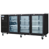 A large, black Empura Refrigeration undercounter Back Bar Cooler with three glass doors, adjustable wire shelves, and casters for mobility. The unit features a stainless steel top and a left-side control panel displaying the Empura brand name.