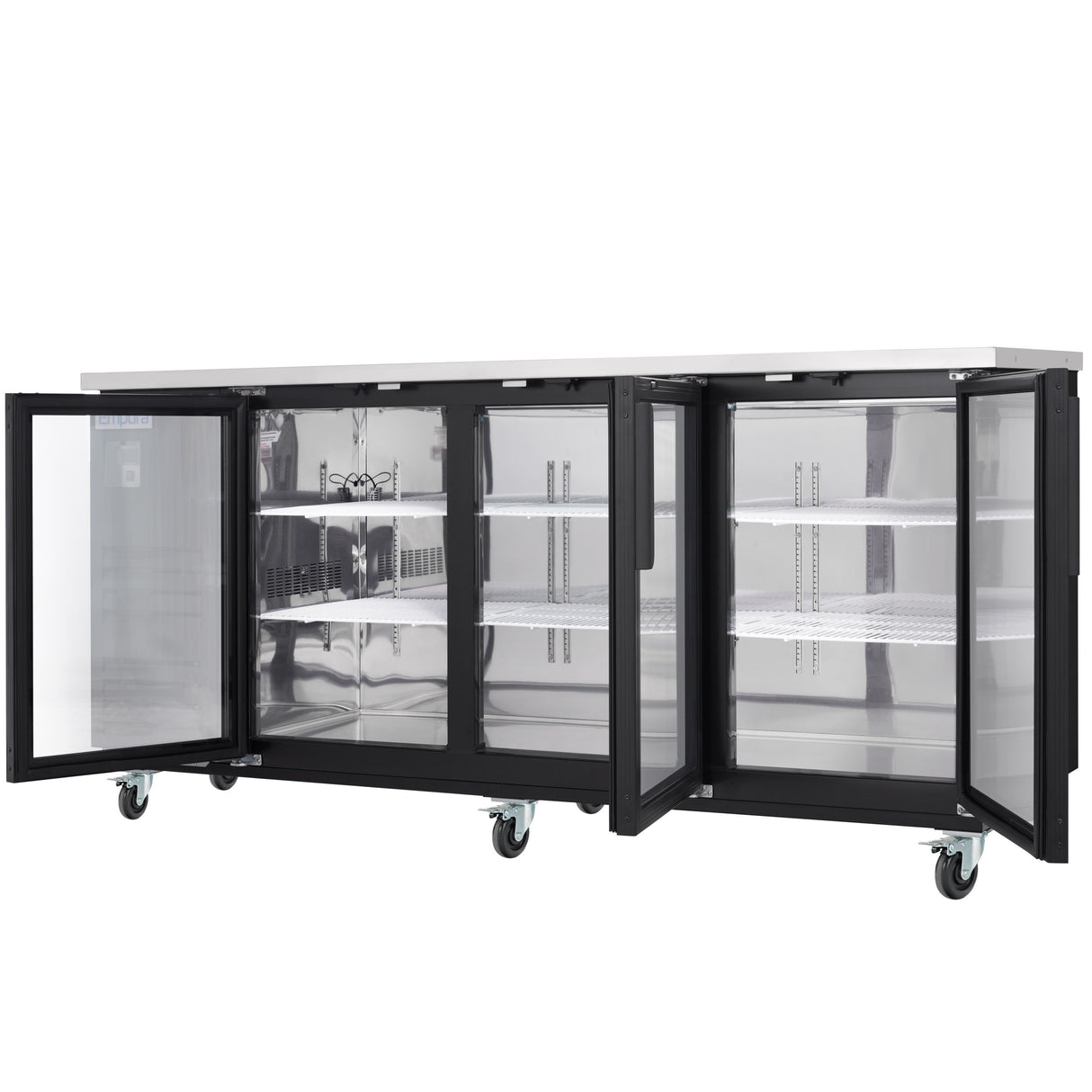 A commercial Empura Refrigeration glass door cooler with three doors open, revealing empty wire shelves inside. This Back Bar Cooler is on caster wheels for mobility, with a black exterior, shiny interior, and a flat top surface.