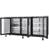 A commercial Empura Refrigeration glass door cooler with three doors open, revealing empty wire shelves inside. This Back Bar Cooler is on caster wheels for mobility, with a black exterior, shiny interior, and a flat top surface.