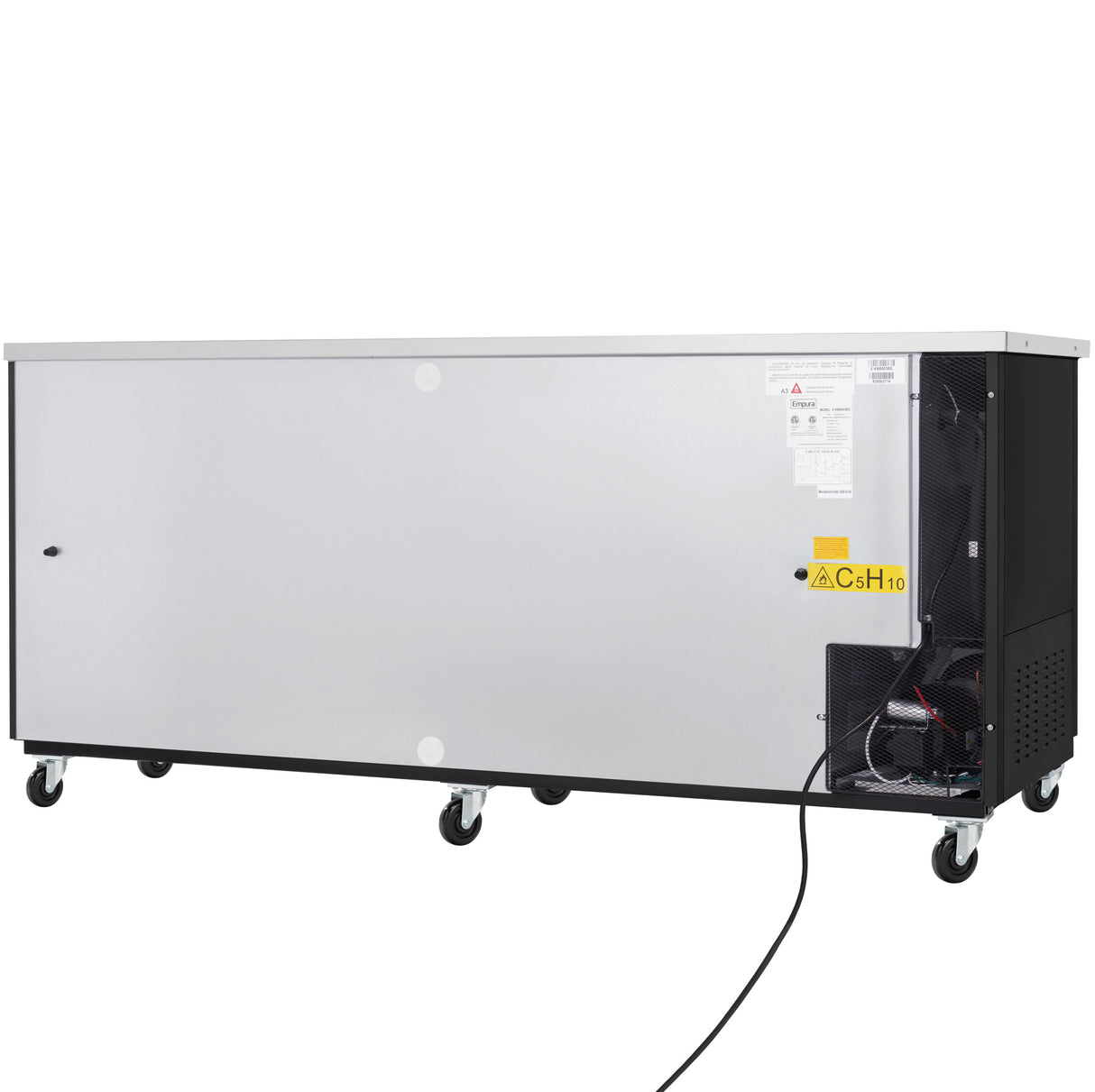 A large, rectangular Empura Refrigeration commercial refrigerator or freezer unit on six caster wheels. The side is silver with a black base, and a black power cord extends from the lower right. Warning labels are visible near the compressor unit.