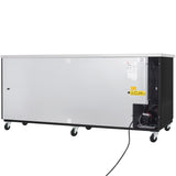 A large, rectangular Empura Refrigeration commercial refrigerator or freezer unit on six caster wheels. The side is silver with a black base, and a black power cord extends from the lower right. Warning labels are visible near the compressor unit.