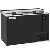 A commercial bottle cooler by Empura refrigeration, featuring sliding stainless steel lids, digital controls, ventilation grates, a front bottle opener with cap catcher, and small wheels. The sleek black unit displays the Empura logo on the upper left corner.