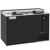 A commercial bottle cooler by Empura refrigeration, featuring sliding stainless steel lids, digital controls, ventilation grates, a front bottle opener with cap catcher, and small wheels. The sleek black unit displays the Empura logo on the upper left corner.