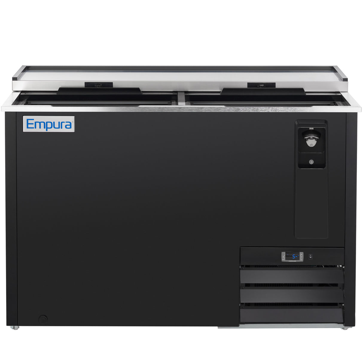 A large black Empura refrigeration commercial bottle cooler features sliding glass doors on top, a digital temperature display, ventilation grilles at the lower right, an Empura logo on the upper left, and a built-in bottle opener with catcher on the front right.