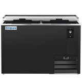 A large black Empura refrigeration commercial bottle cooler features sliding glass doors on top, a digital temperature display, ventilation grilles at the lower right, an Empura logo on the upper left, and a built-in bottle opener with catcher on the front right.