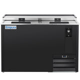 A black Empura commercial bottle cooler with two sliding lids, a bottle opener and cap catcher on the right, and a digital display panel near the bottom right vent. The Empura refrigeration logo is on the upper left corner of the front panel.
